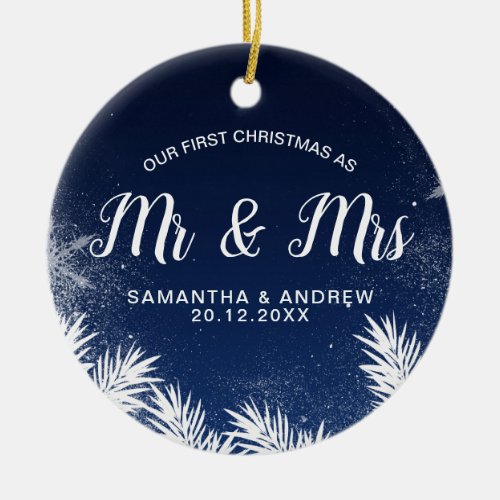 Rustic Christmas country blue ombre Mr  Mrs Ceramic Ornament