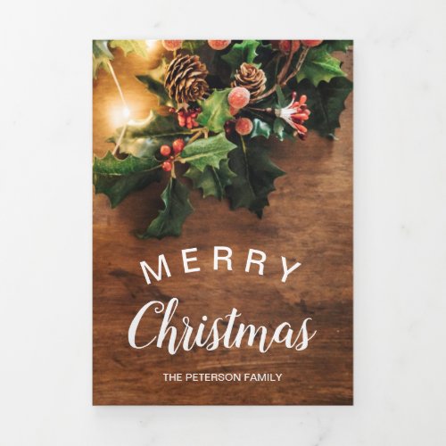 Rustic Christmas country photo mistletoe light Tri_Fold Holiday Card