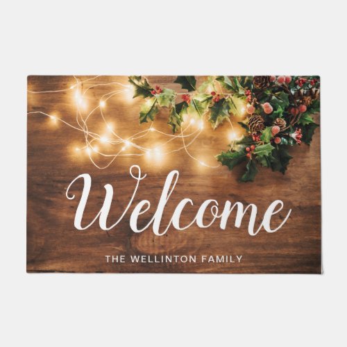 Rustic Christmas country welcome mistletoe light Doormat