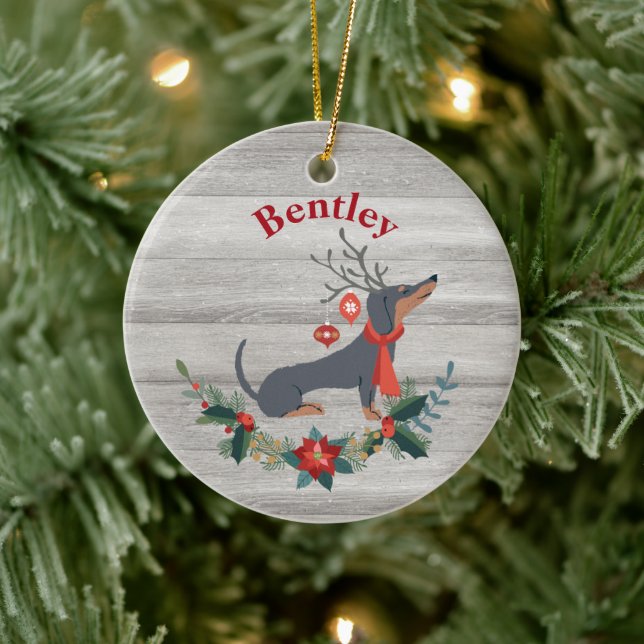 Rustic Christmas Dachshund with Antlers & Greenery Ceramic Ornament (Tree)