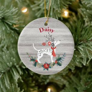 Rustic Christmas Dalmatian with Antlers & Greenery Ceramic Ornament