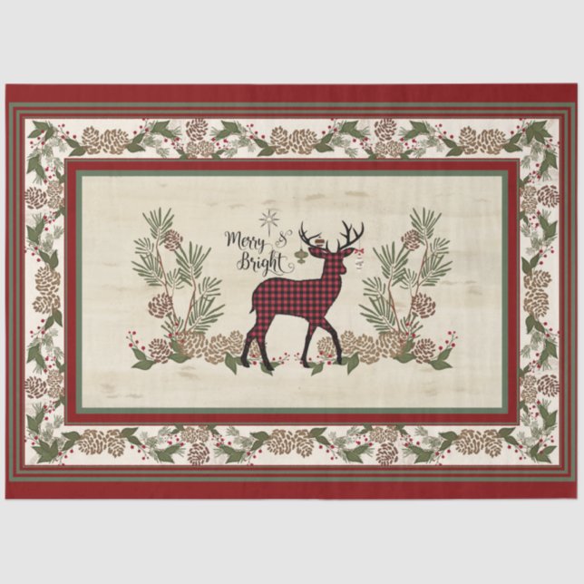 Rustic Christmas Deer Merry n Bright Buffalo Plaid Tissue Paper (Front)