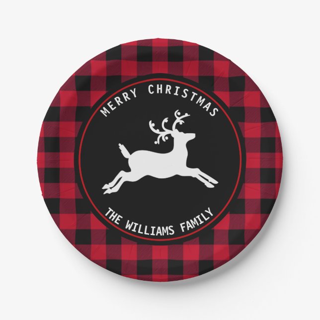 Rustic Christmas Deer Red Black Buffalo Check Paper Plates (Front)