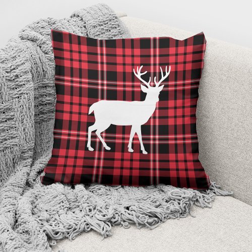 Rustic Christmas Deer Red  Black Plaid Pattern Throw Pillow