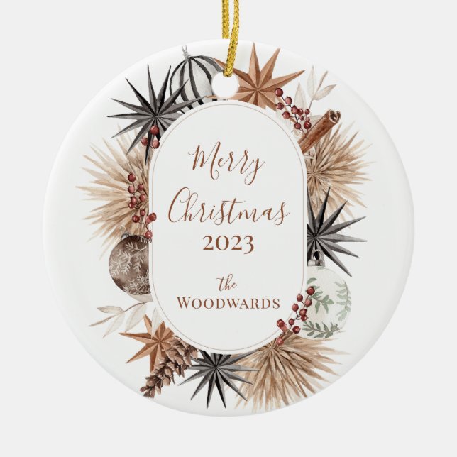 Rustic Christmas Design Featuring Family Name Ceramic Ornament (Front)
