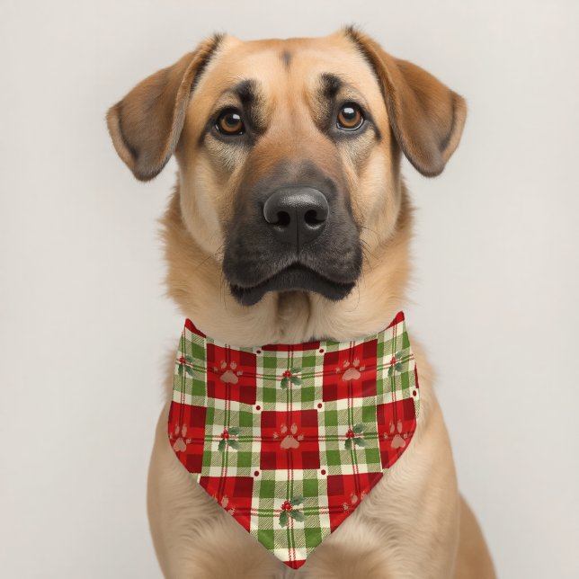 Rustic Christmas Dog Bandana – Red, Green & Cream Pet Bandana Collar (Dog 2)