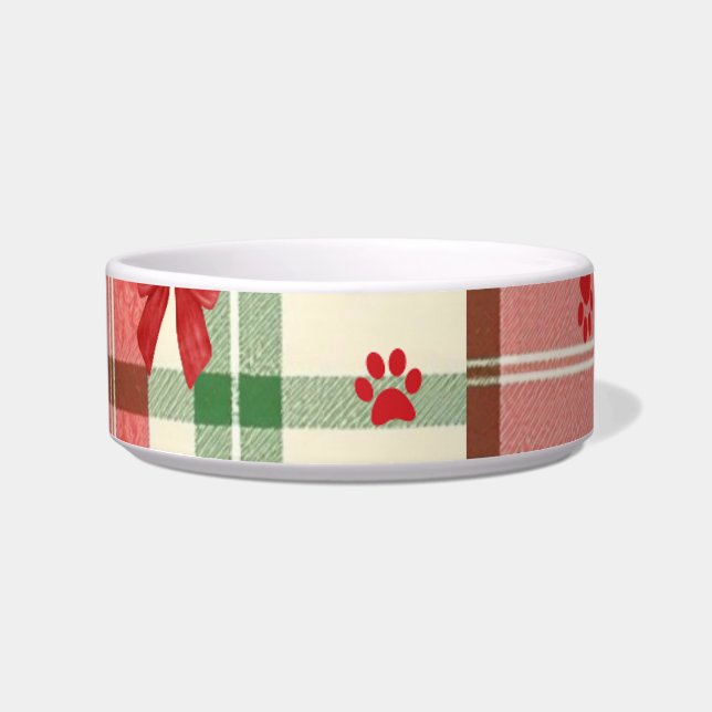 Rustic Christmas Dog Bowl – Red, Green & Cream (Front)