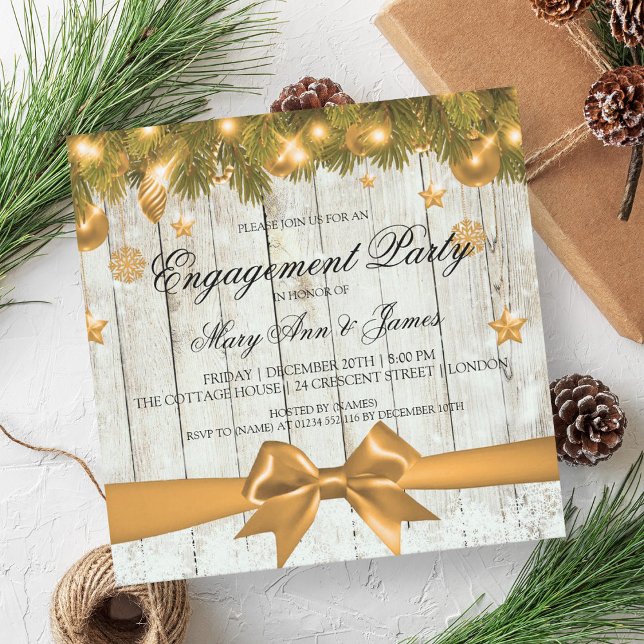 Rustic Christmas Engagement Party Gold Decor Invitation (Rustic Christmas Engagement Party Gold Decor Invitation)
