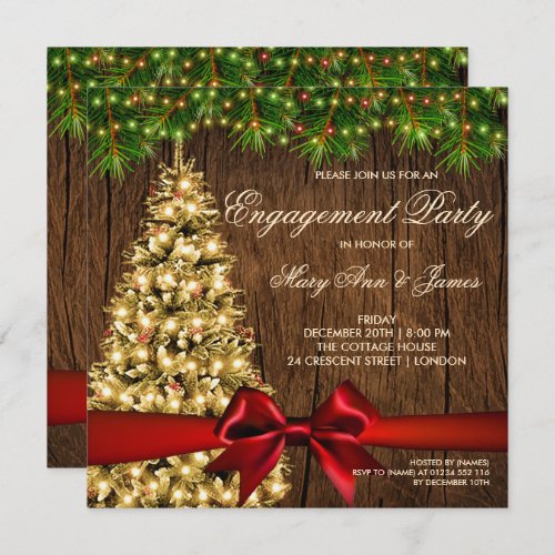 Rustic Christmas Engagement Party Tree  Ribbon Invitation