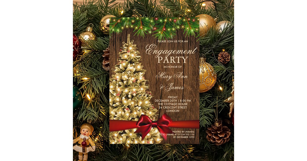 Rustic Christmas Engagement Party Tree & Ribbon Invitation | Zazzle