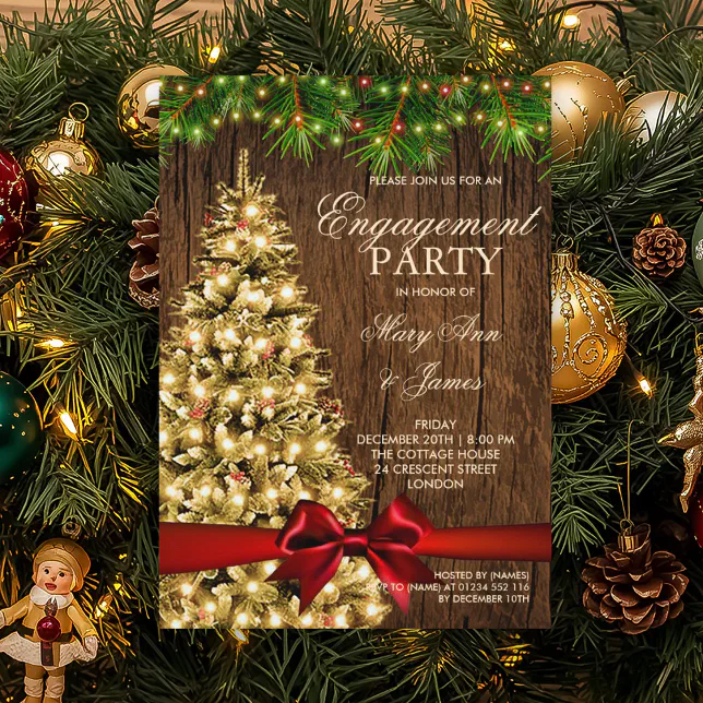 Rustic Christmas Engagement Party Tree & Ribbon Invitation | Zazzle