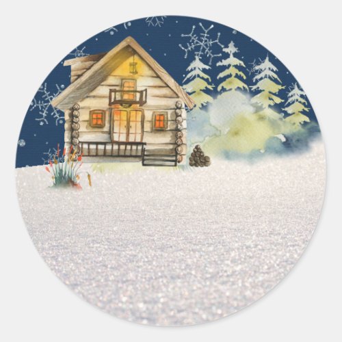 Rustic Christmas Eve Log Cabin Forest Trees Snow C Classic Round Sticker