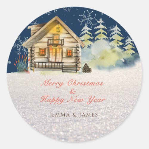 Rustic Christmas Eve Log Cabin Forest Trees Snow Classic Round Sticker