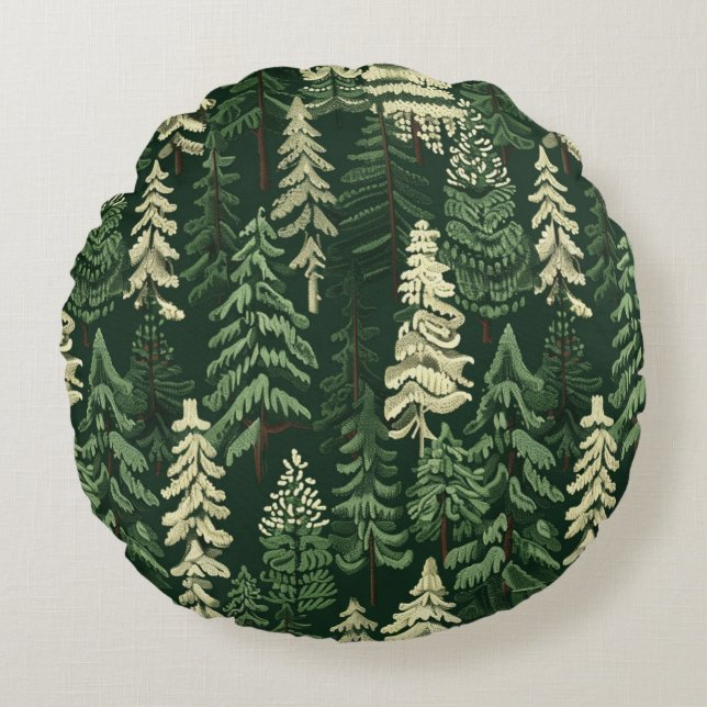 Rustic Christmas Evergreen Trees Round Pillow (Front)