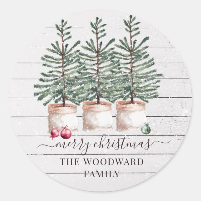 Rustic Christmas Family Name Classic Round Sticker (Front)