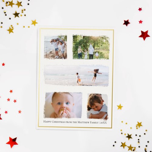 Rustic Christmas Family Photo Collage Gold Foil Foil Holiday Postcard