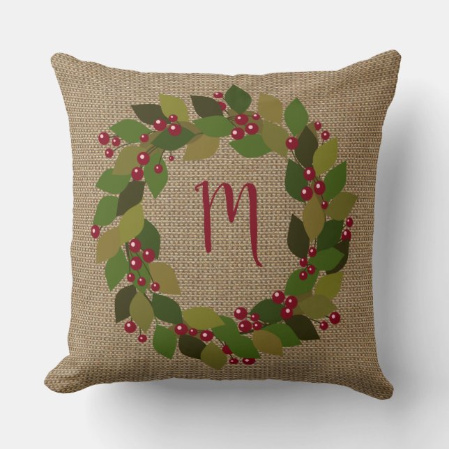 Rustic Christmas | Faux Burlap | Wreath Throw Pillow (Front)