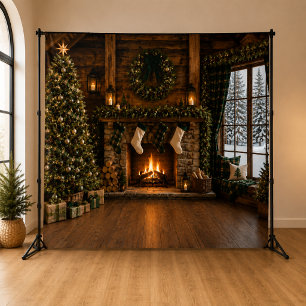 Rustic Christmas Fireplace Cabin Photo Backdrop