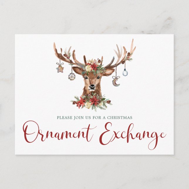 Rustic Christmas Floral Antlers Ornament Exchange Holiday Postcard (Front)