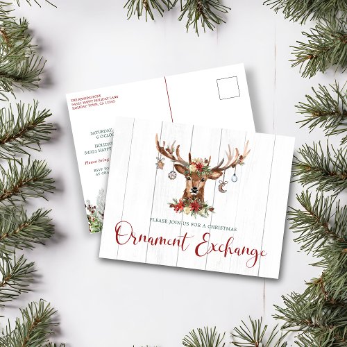 Rustic Christmas Floral Antlers Ornament Exchange Holiday Postcard