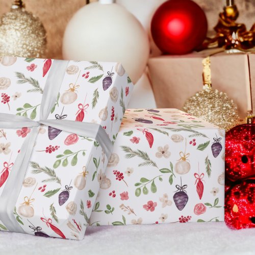 Rustic Christmas floral bauble watercolor pattern Wrapping Paper