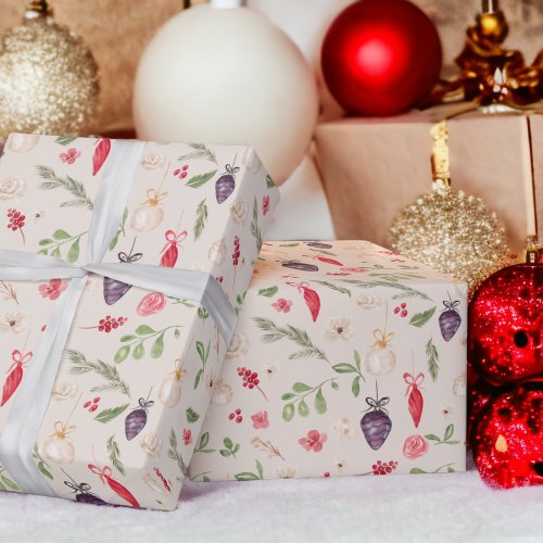 Rustic Christmas floral bauble watercolor pattern Wrapping Paper
