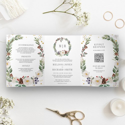 Rustic Christmas Floral Monogram QR Code Wedding Tri_Fold Invitation