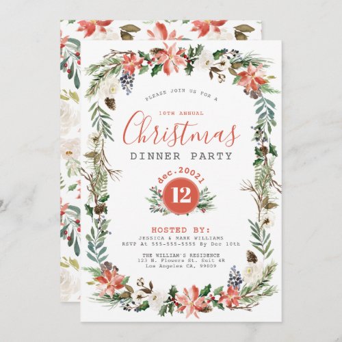 Rustic Christmas Flowers Frame Party Invitation