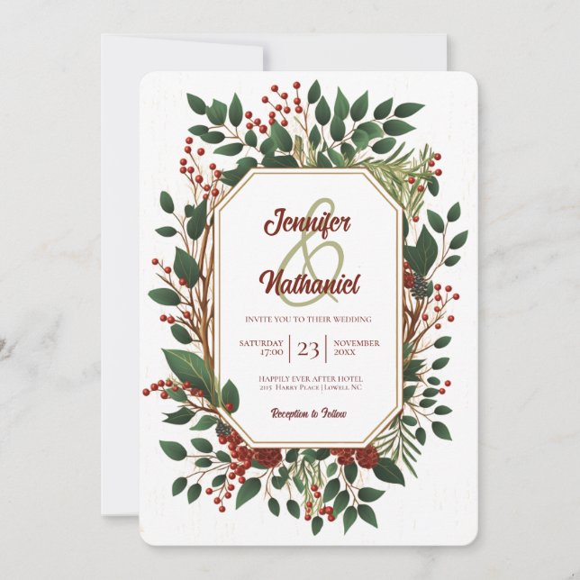 Rustic Christmas Foliage Wood Festive Wedding Invitation (Front)