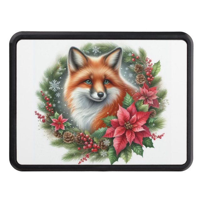 Rustic Christmas Fox Red Poinsettia Hitch Cover (Front)