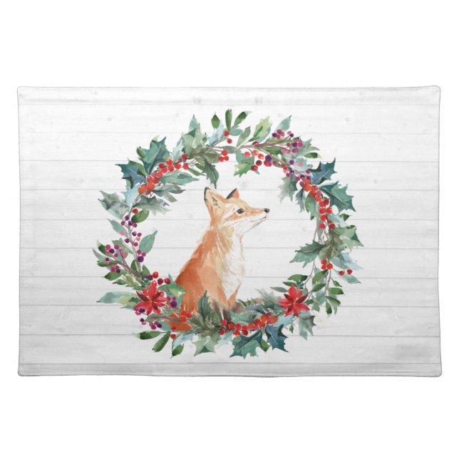 Rustic Christmas Fox Watercolor Cloth Placemat (Front)