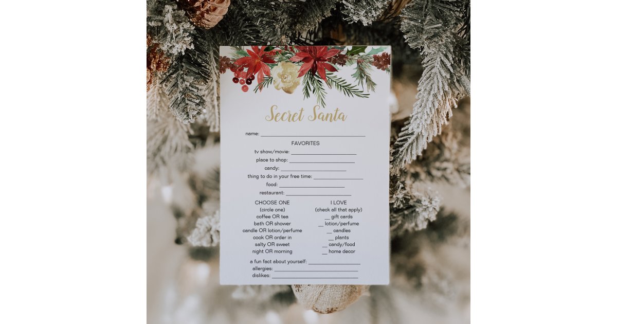 rustic Christmas game secret Santa questionnaire Invitation | Zazzle