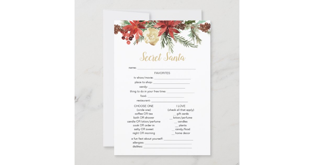 rustic Christmas game secret Santa questionnaire Invitation | Zazzle