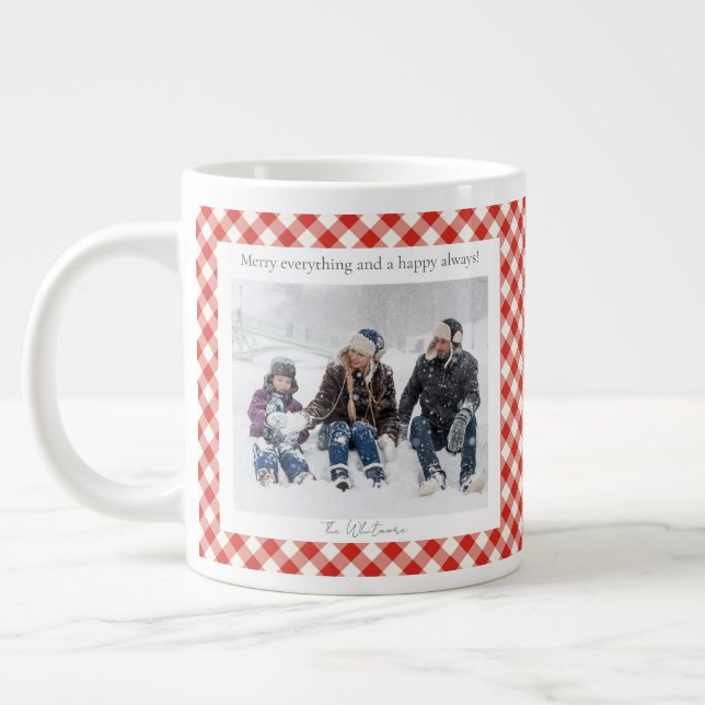 Rustic Christmas Gift 2 Photo Trendy Red Plaid  Giant Coffee Mug (Left)