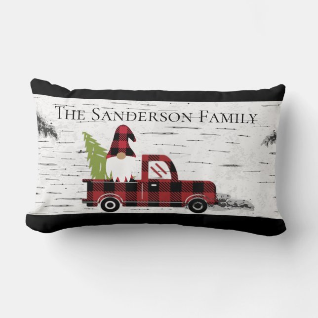 Rustic Christmas Gnome Red Truck Buffalo Plaid Lum Lumbar Pillow (Front)