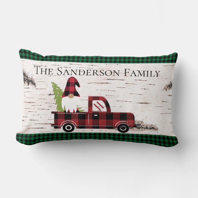 Rustic Christmas Gnome Red Truck Buffalo Plaid Lumbar Pillow (Front)