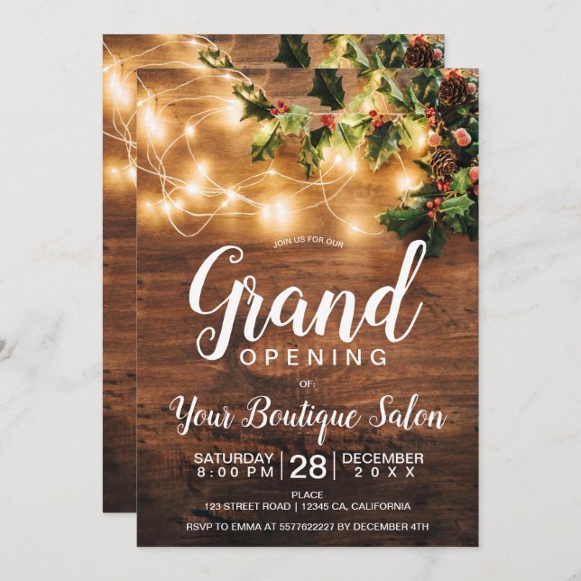 Rustic Christmas grand opening mistletoe light Invitation (Front/Back)