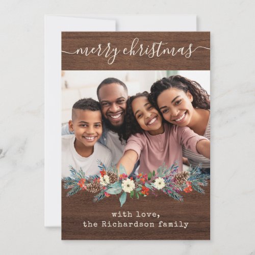 Rustic Christmas Greenery  Photo and Script Holiday Card