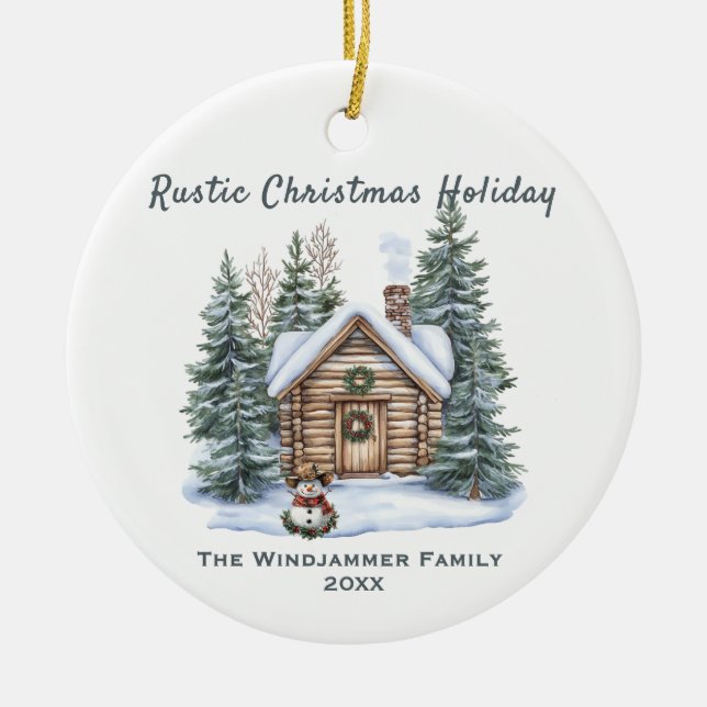 Rustic Christmas Holiday Cabin Snowman  Ceramic Ornament (Front)