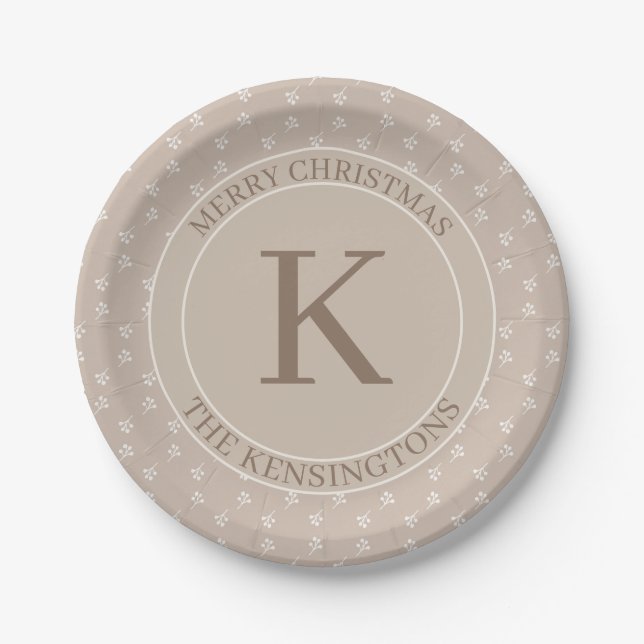 Rustic Christmas Holiday Party Beige Monogram Paper Plates (Front)