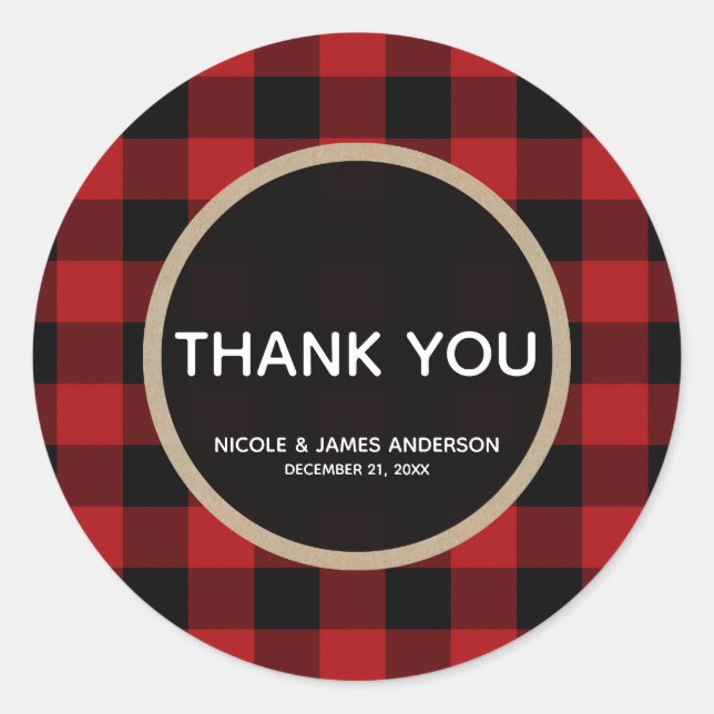 Rustic Christmas Holiday Red Buffalo Plaid Favor Classic Round Sticker (Front)
