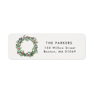 Rustic Christmas Holly Berries Pine Wreath Address Label