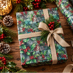 Rustic Christmas Holly Berries Weathered Stone Wrapping Paper Sheets