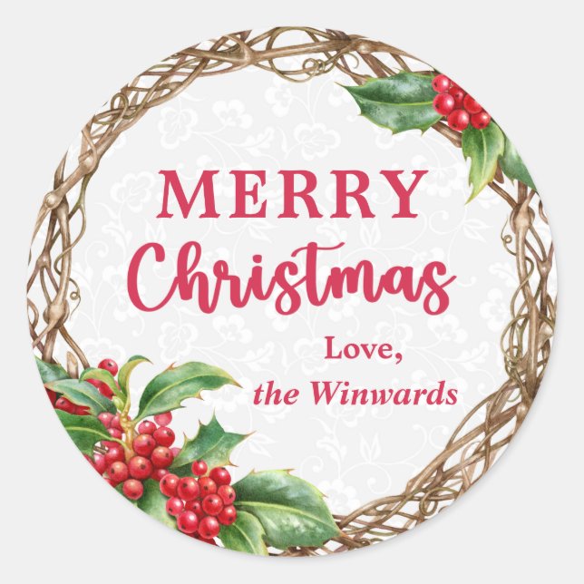 Rustic Christmas Holly Berries Winter Wreath Classic Round Sticker (Front)