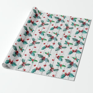 Rustic Christmas Holly On White Barn Wood Pattern Wrapping Paper