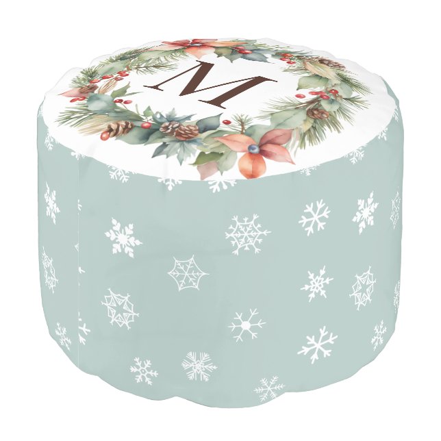 Rustic Christmas Holly Poinsettia Wreath Monogram  Pouf (Angled Back)