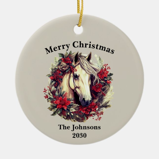 Rustic Christmas Horse Wreath Holiday Photo  Ceramic Ornament (Front)