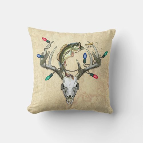 Rustic Christmas Hunting Fishing Deer Antlers Throw Pillow
