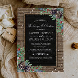 Rustic Christmas Invites | Winter Wedding<br><div class="desc">Rustic winter wedding invitations featuring a rustic wood background,  black chalkboard centrepiece,  rope,  christmas pine cones,  berries,  foliage,  white splatterings of snow and a personalized wedding template.</div>