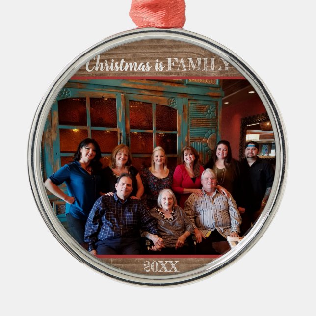 Rustic Christmas Is Family Photo Modern Metal Ornament (Front)